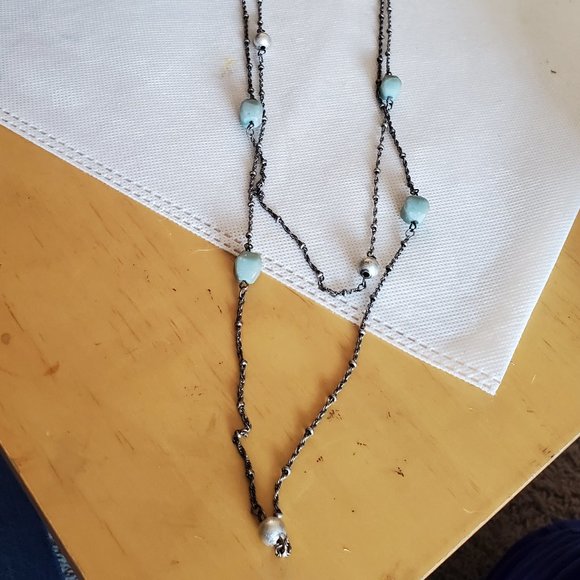 28" Silver Tone Stone Chip Layer Long Necklace AE - Picture 3 of 5